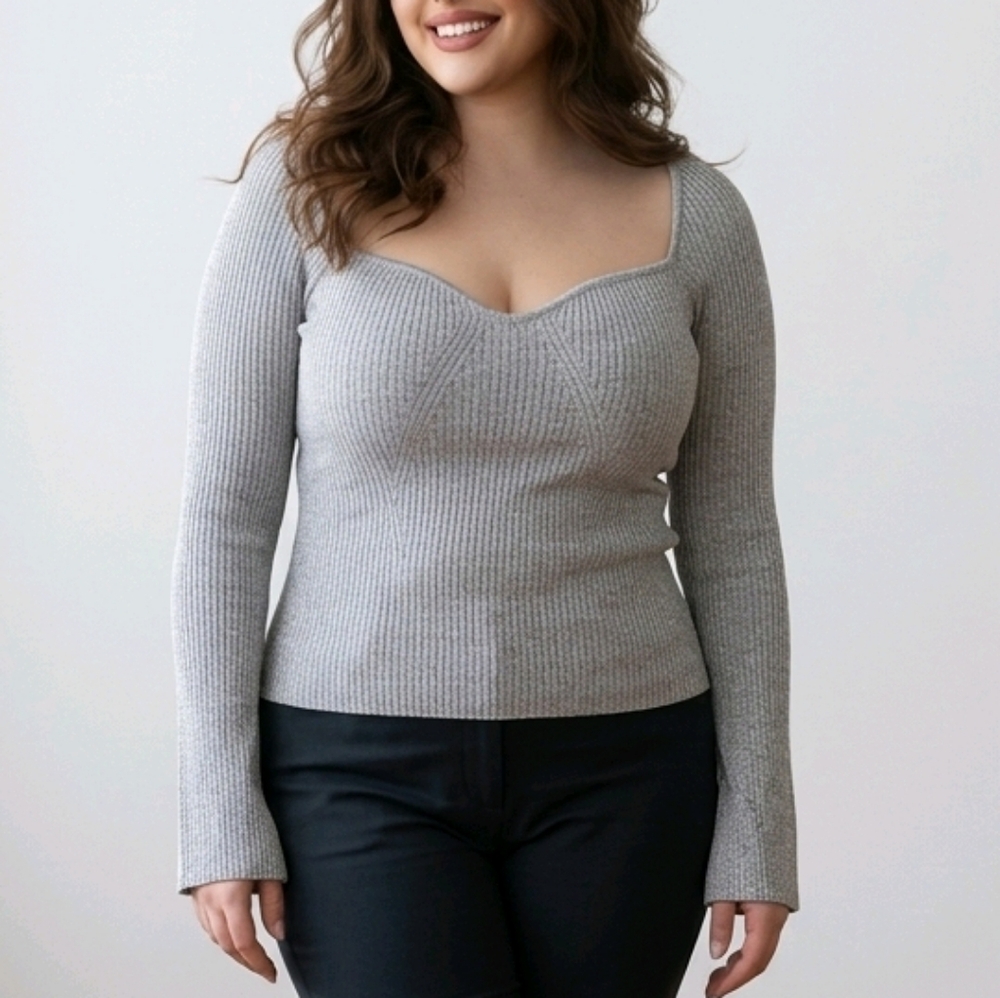 H&M Light Gray Ribbed Sweater Sweetheart Neck Flare Sleeve Top Size XL Slim Fit